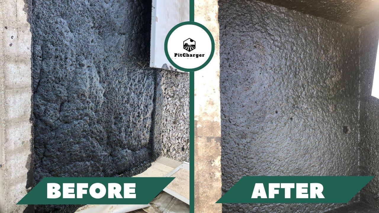 The same hog barn manure pit photographed before and after PitCharger treatment. The before image shows a thick, dark foam layer built up the pit wall; the after image shows the foam collapsed to a flat surface.