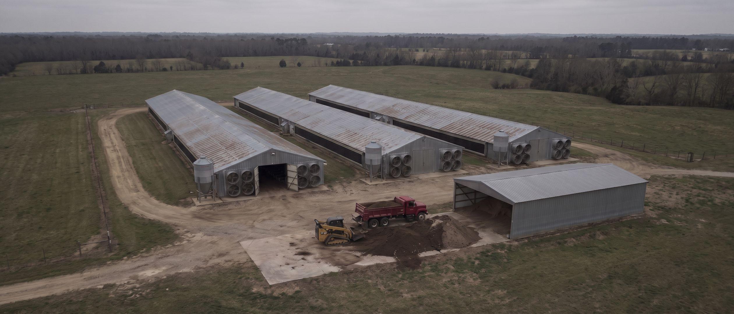 Aerial view of long broiler houses with tunnel fans on their end walls during litter cleanout: a skid steer and a red truck beside a pile of dark litter on a concrete pad, next to a litter shed.